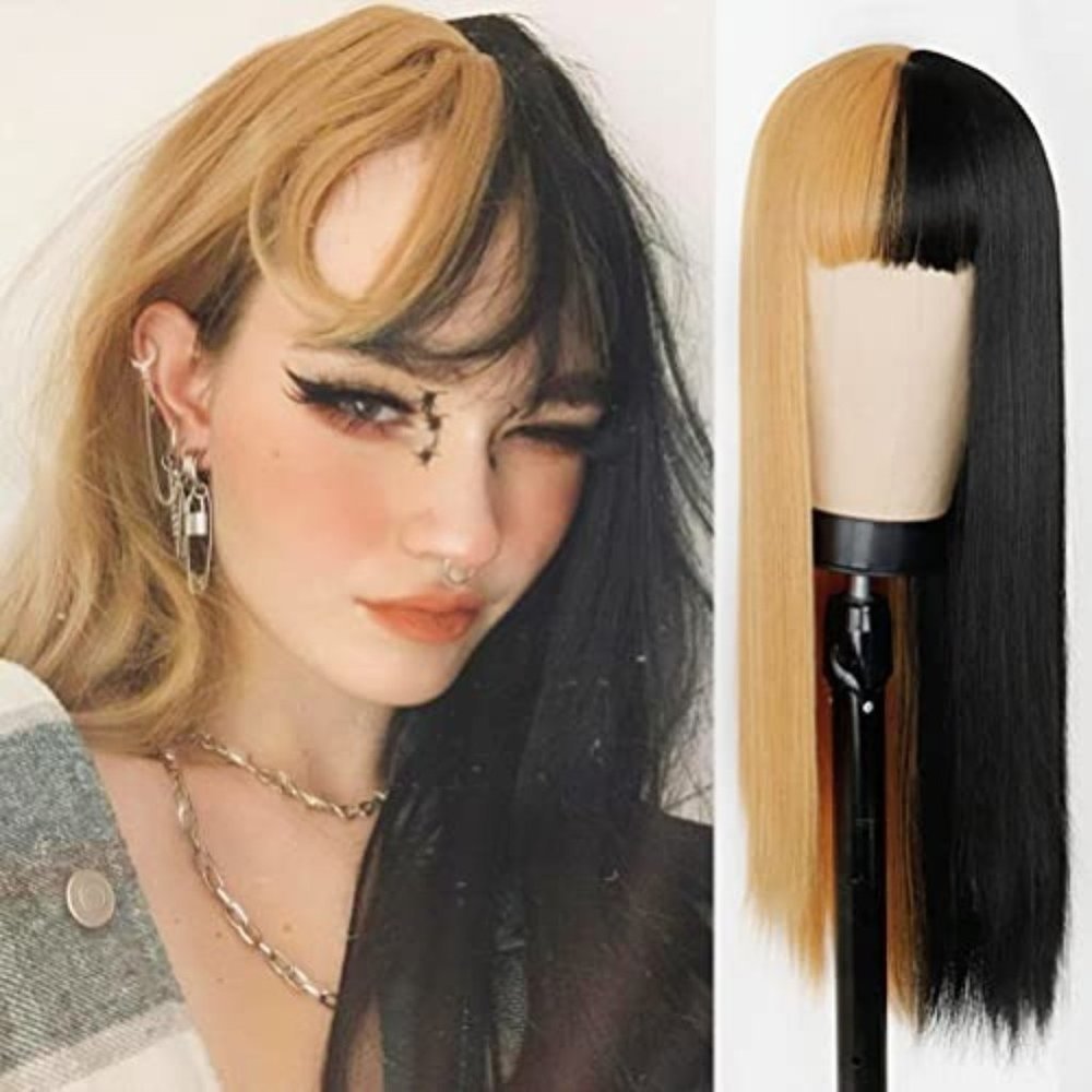 Long Straight Half Black Half Blonde Wig